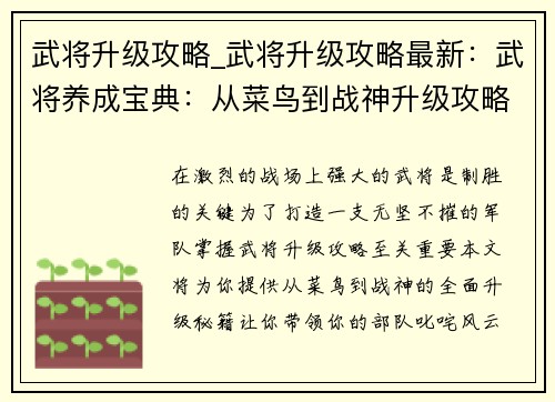 武将升级攻略_武将升级攻略最新：武将养成宝典：从菜鸟到战神升级攻略大全